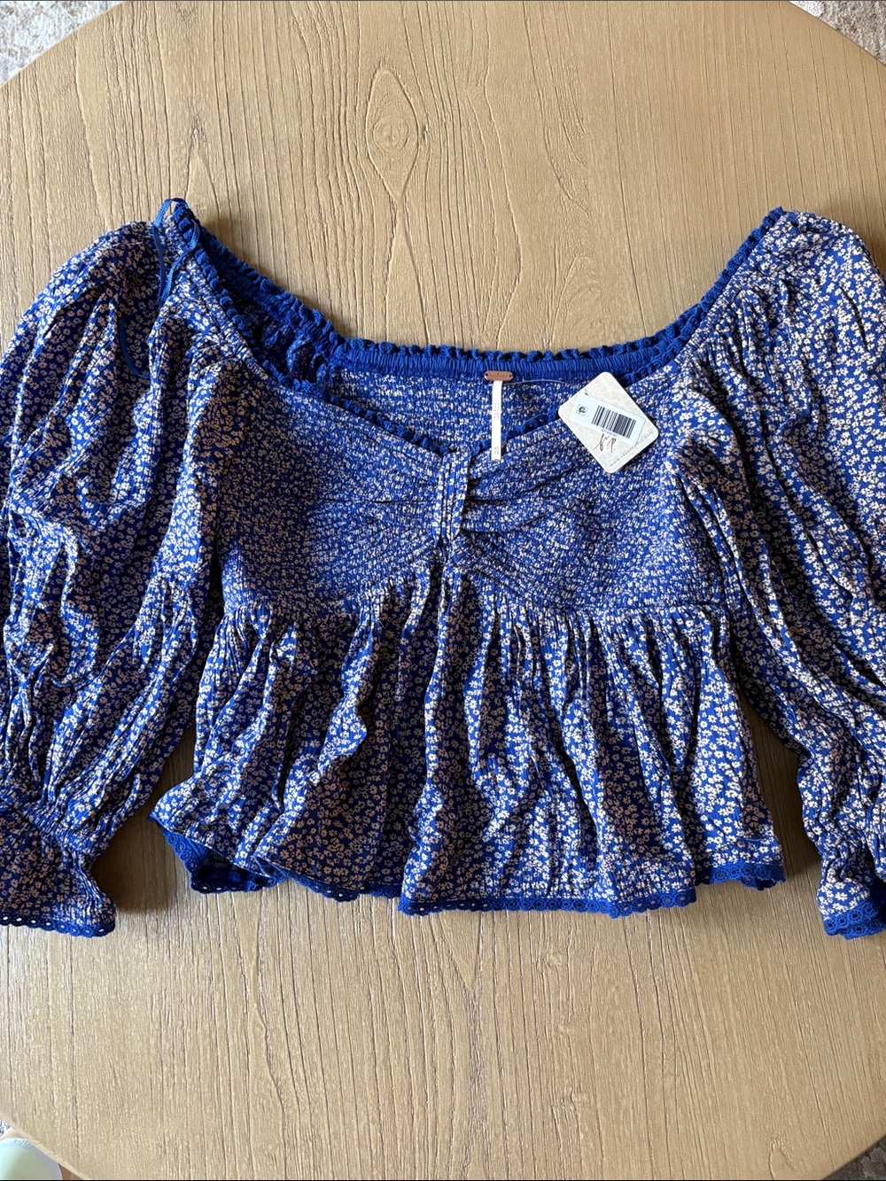 Free People XS Blue Floral Puff-Sleeve Cropped Blouse